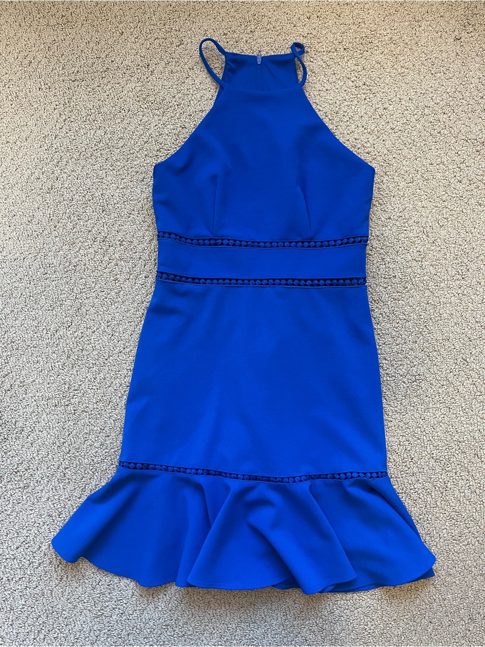 Royal Blue High-Neck Ruffle-Hem Mini Dress